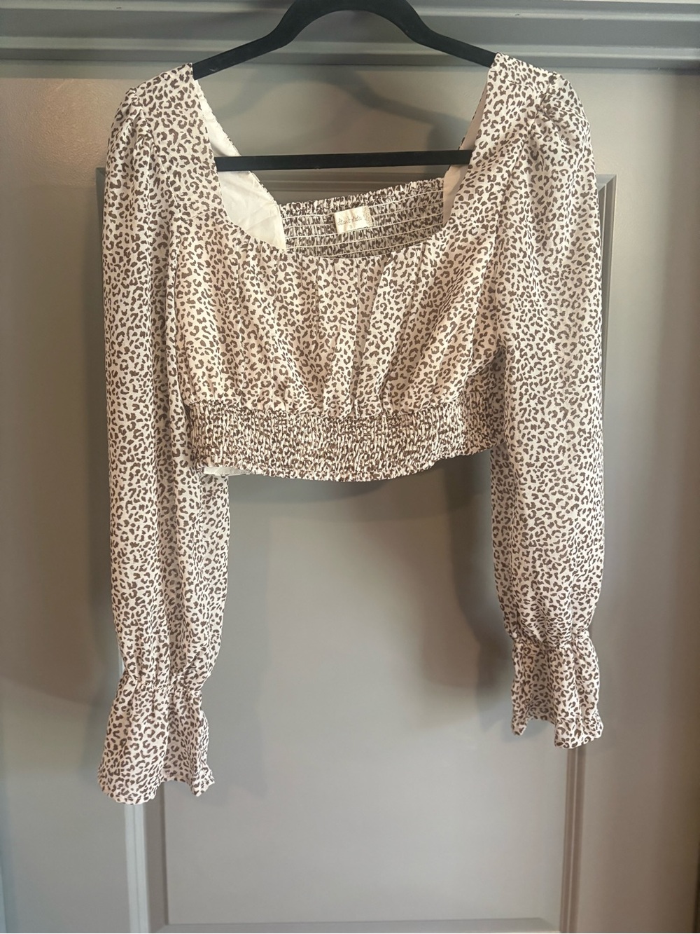 Altar'd State Cream and Brown Leopard Smocked Cropped Top